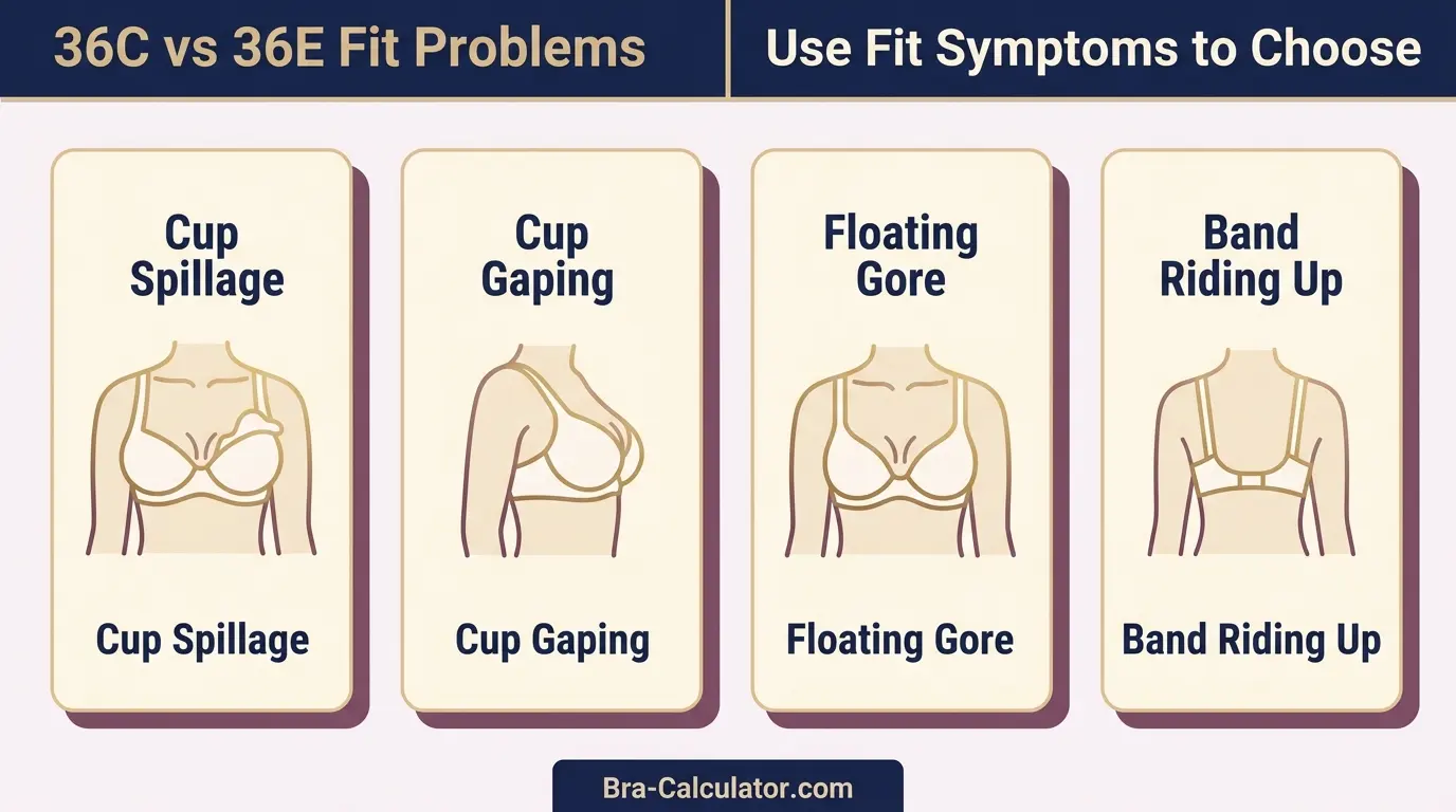 36C vs 36E fit problem diagram showing gaping spillage floating gore band riding up and side tissue issues