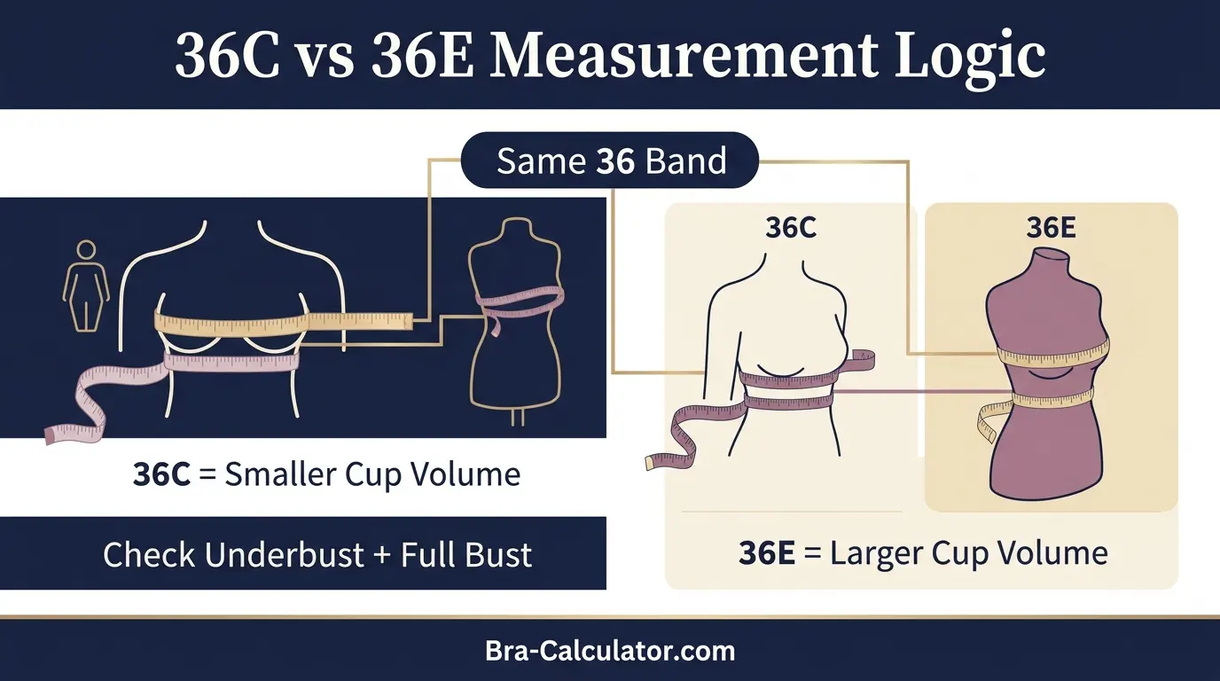 36C vs 36E measurement logic diagram showing band starting point and cup-volume comparison