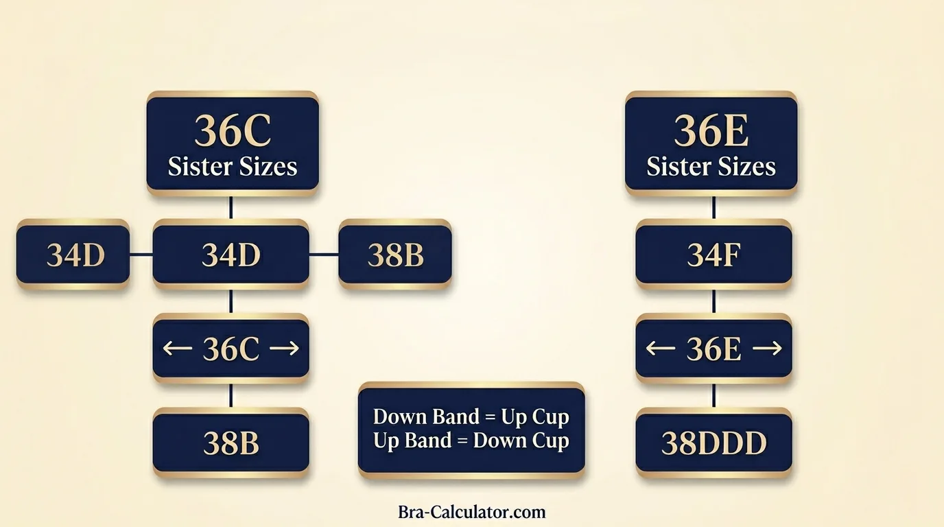 36C vs 36E sister size guide showing tighter-band and looser-band alternatives