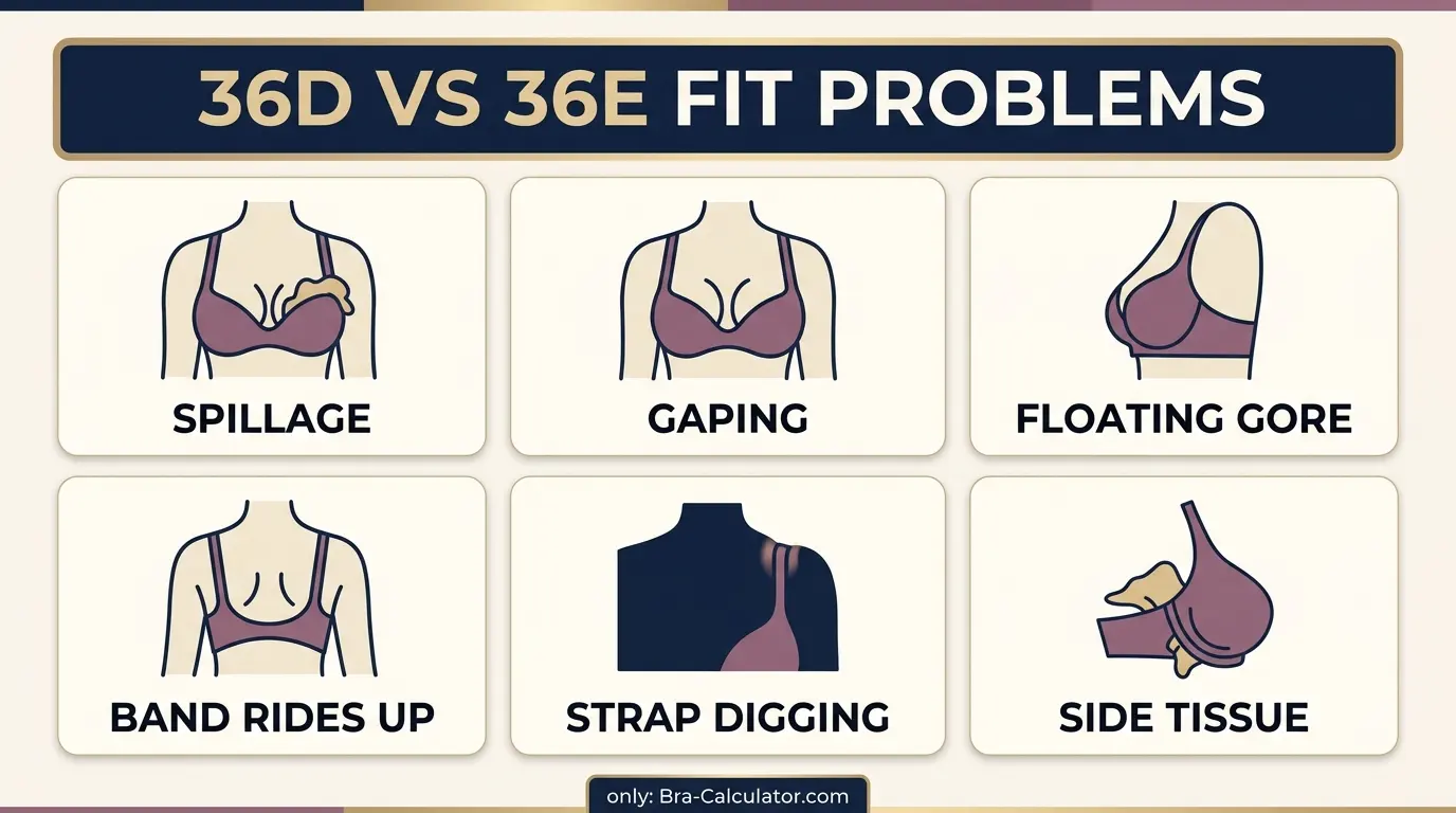 36D vs 36E fit problem diagram showing gaping spillage floating gore band riding up and side tissue issues