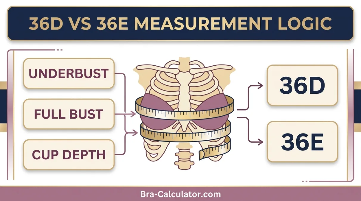 36D vs 36E measurement logic diagram showing band starting point and cup-volume comparison