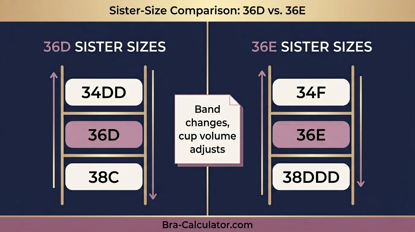 36D vs 36E sister size guide showing tighter-band and looser-band alternatives