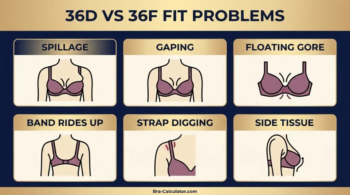 36D vs 36F fit problem diagram showing gaping spillage floating gore band riding up and side tissue issues