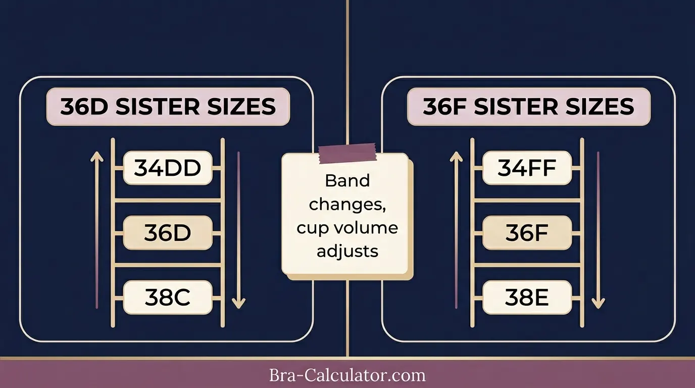 36D vs 36F sister size guide showing tighter-band and looser-band alternatives