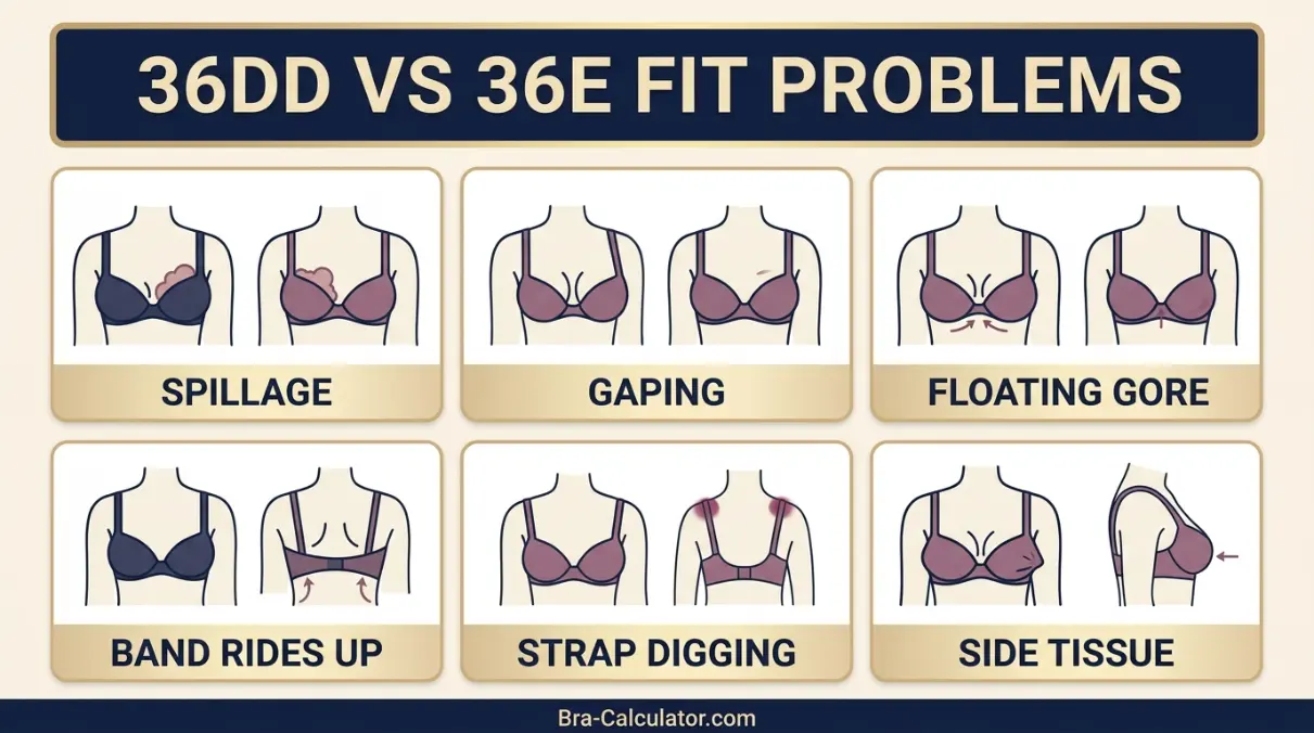 36DD vs 36E fit problem diagram showing gaping spillage floating gore band riding up and side tissue issues