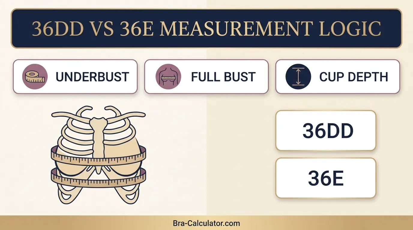 36DD vs 36E measurement logic diagram showing band starting point and cup-volume comparison