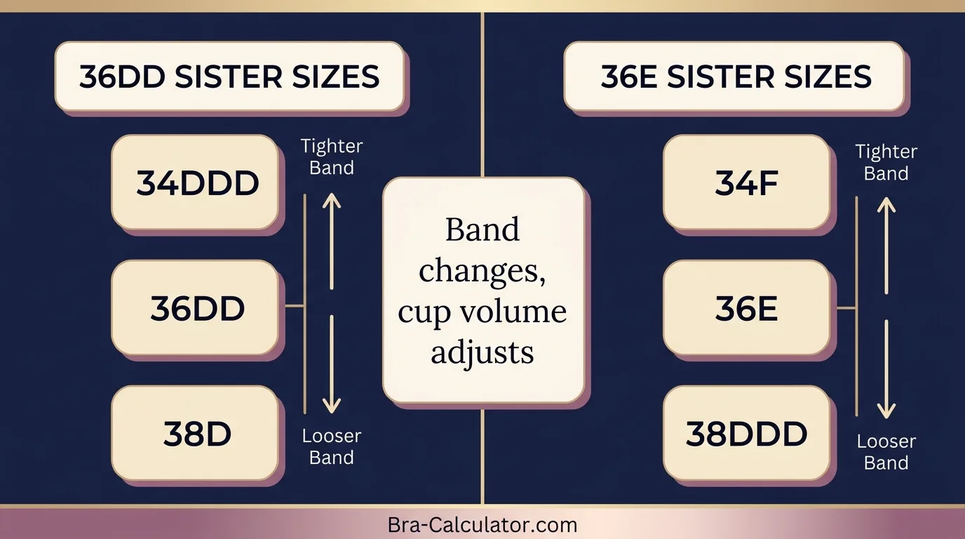 36DD vs 36E sister size guide showing tighter-band and looser-band alternatives