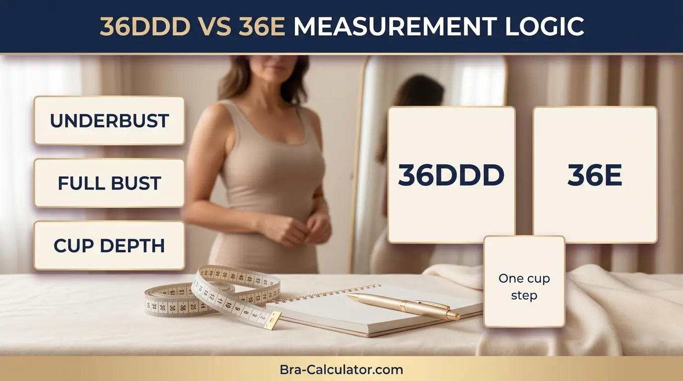 36DDD vs 36E measurement logic diagram showing band starting point and cup-volume comparison