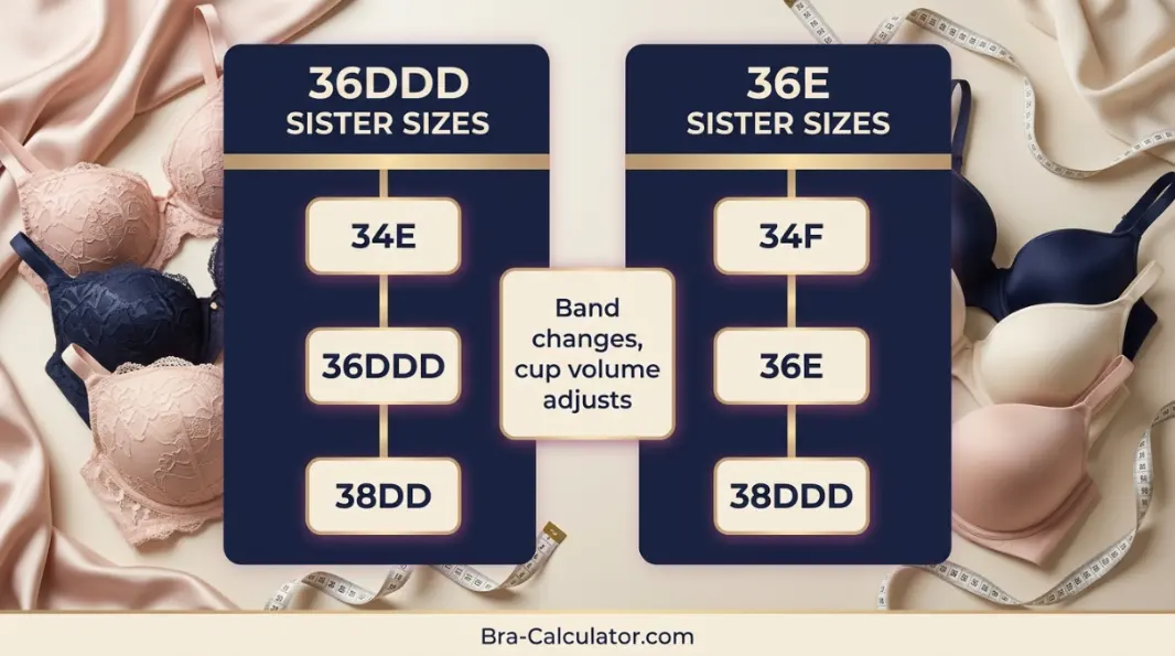 36DDD vs 36E sister size guide showing tighter-band and looser-band alternatives