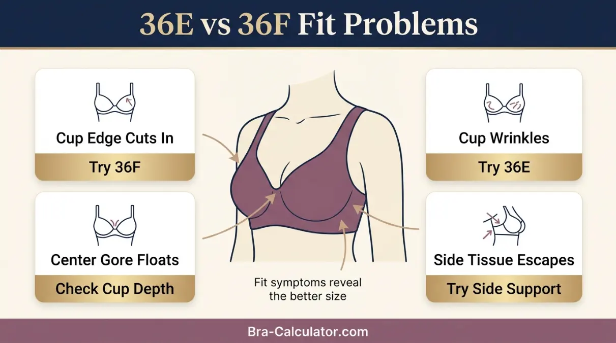 36E vs 36F fit problem diagram showing gaping spillage floating gore band riding up and side tissue issues
