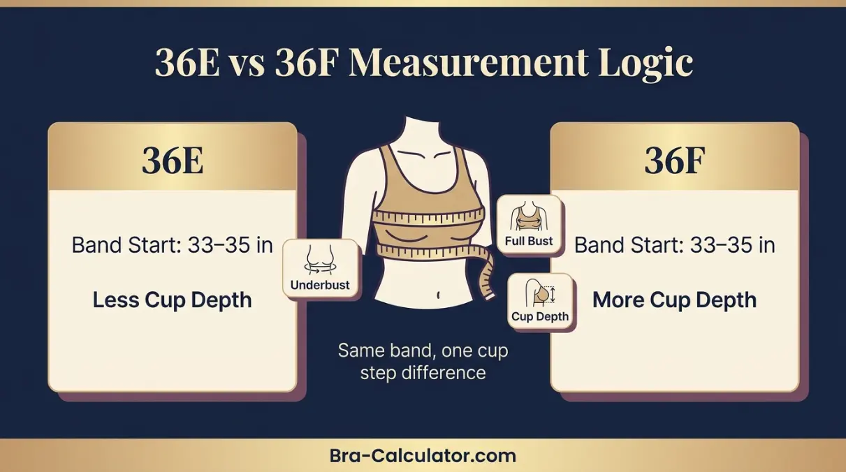 36E vs 36F measurement logic diagram showing band starting point and cup-volume comparison
