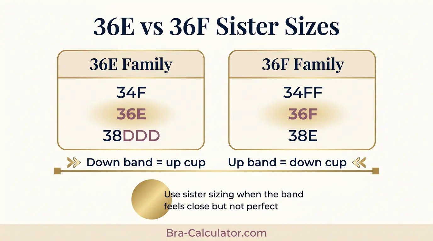 36E vs 36F sister size guide showing tighter-band and looser-band alternatives