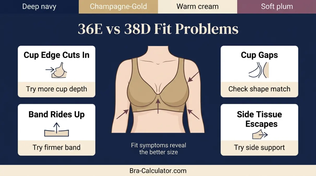36E vs 38D fit problem diagram showing gaping spillage floating gore band riding up and side tissue issues