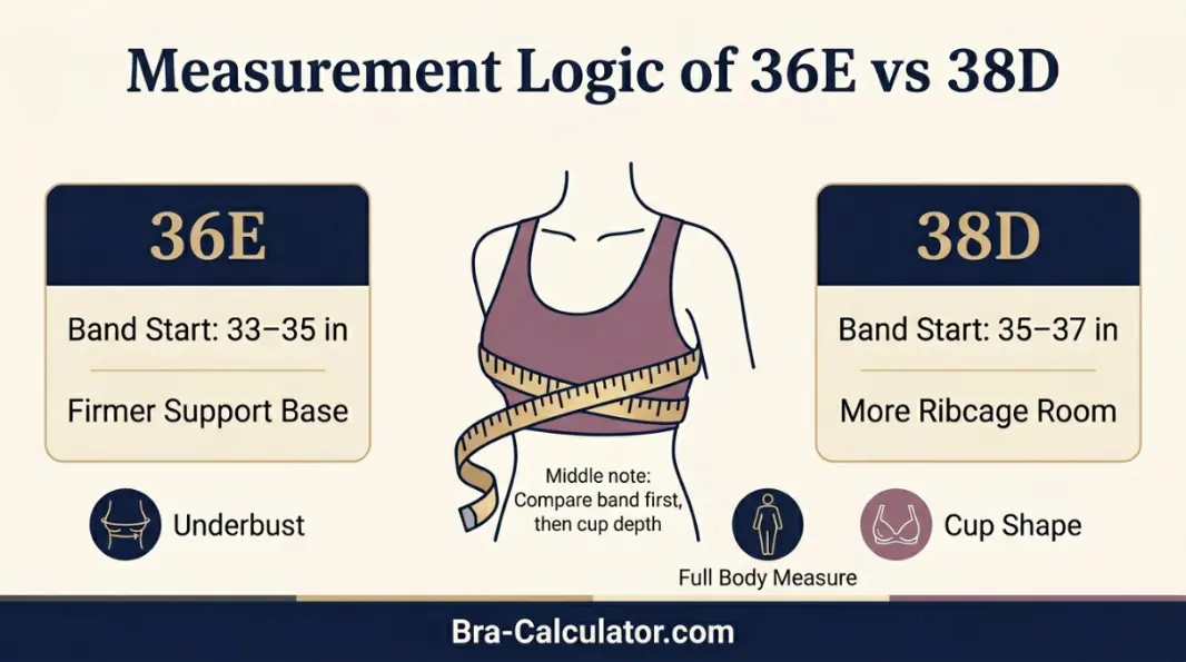 36E vs 38D measurement logic diagram showing band starting point and cup-volume comparison