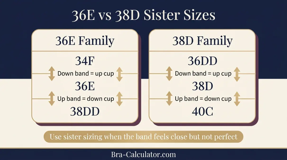 36E vs 38D sister size guide showing tighter-band and looser-band alternatives