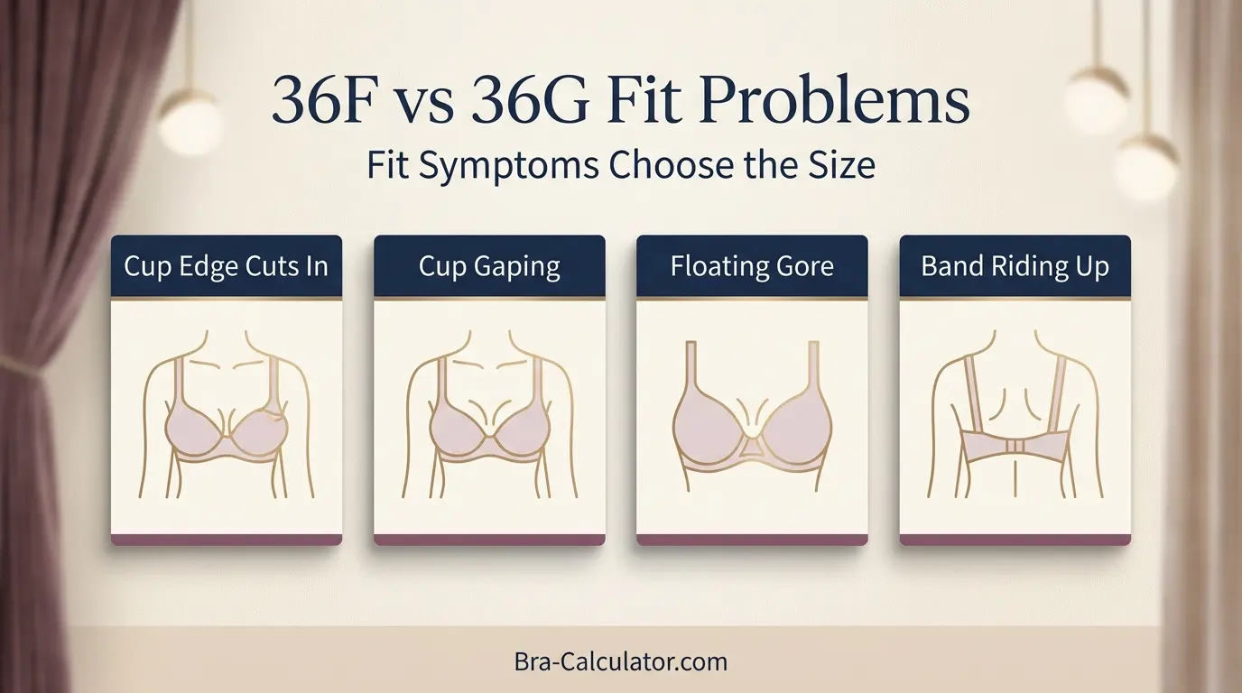 36F vs 36G fit problem diagram showing gaping spillage floating gore band riding up and side tissue issues