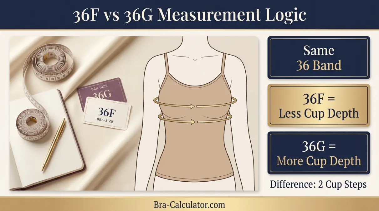 36F vs 36G measurement logic diagram showing band starting point and cup-volume comparison