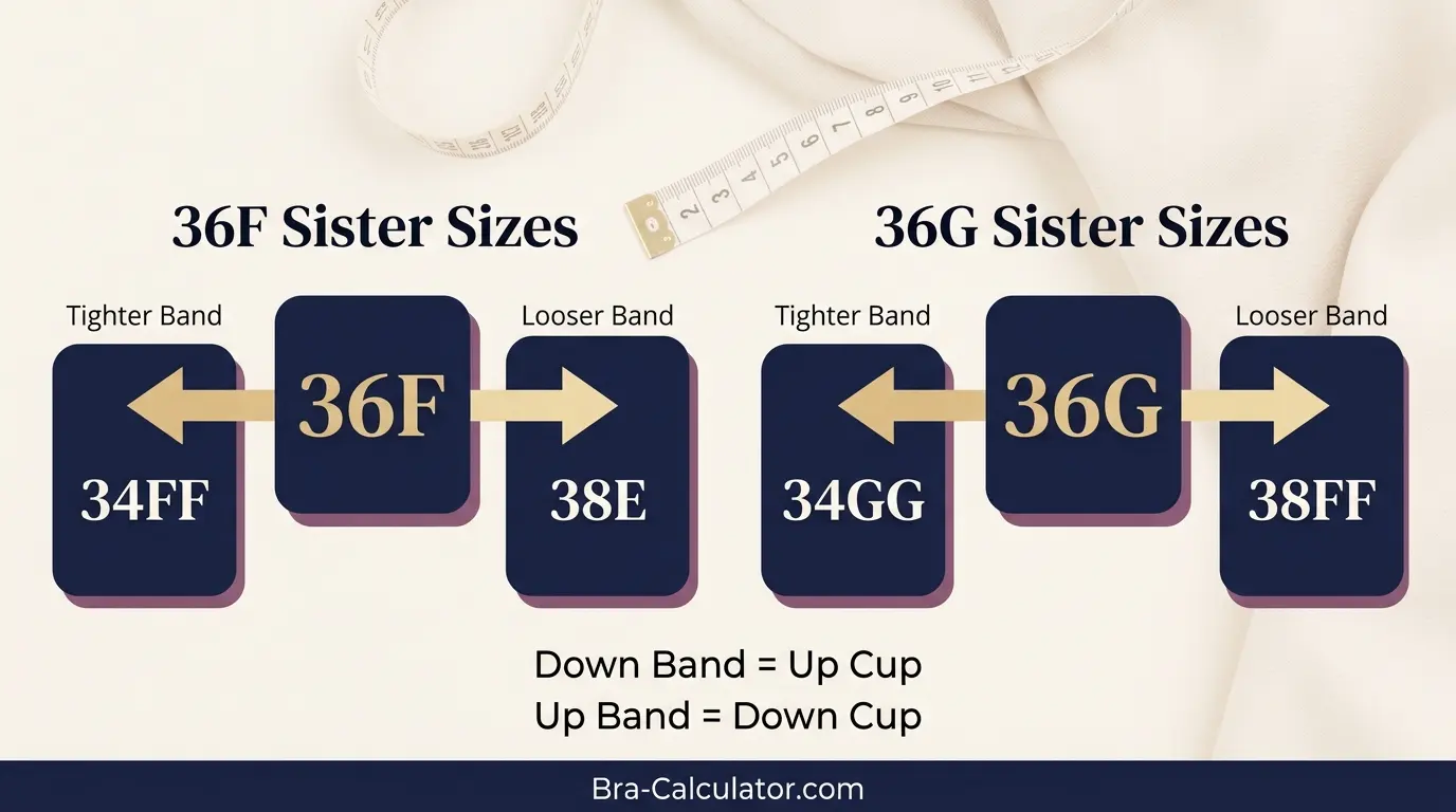 36F vs 36G sister size guide showing tighter-band and looser-band alternatives