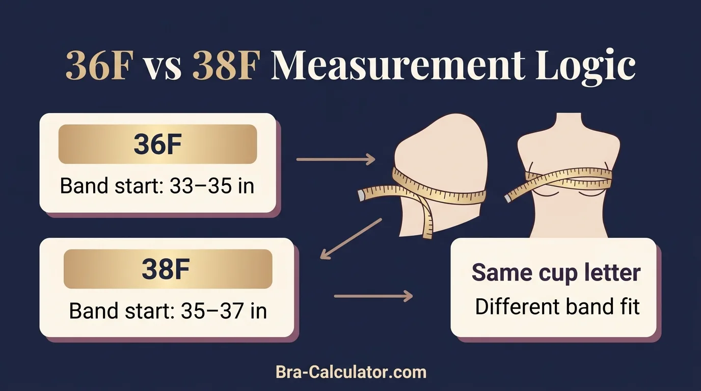 36F vs 38F measurement logic diagram showing band starting point and cup-volume comparison