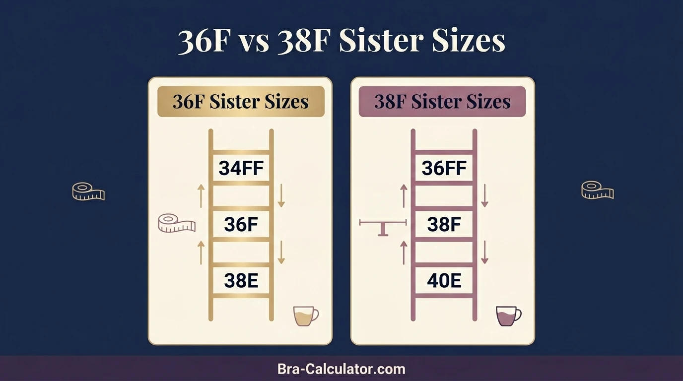 36F vs 38F sister size guide showing tighter-band and looser-band alternatives