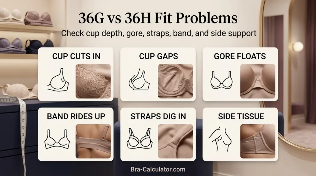 36G vs 36H fit problem diagram showing gaping spillage floating gore band riding up and side tissue issues