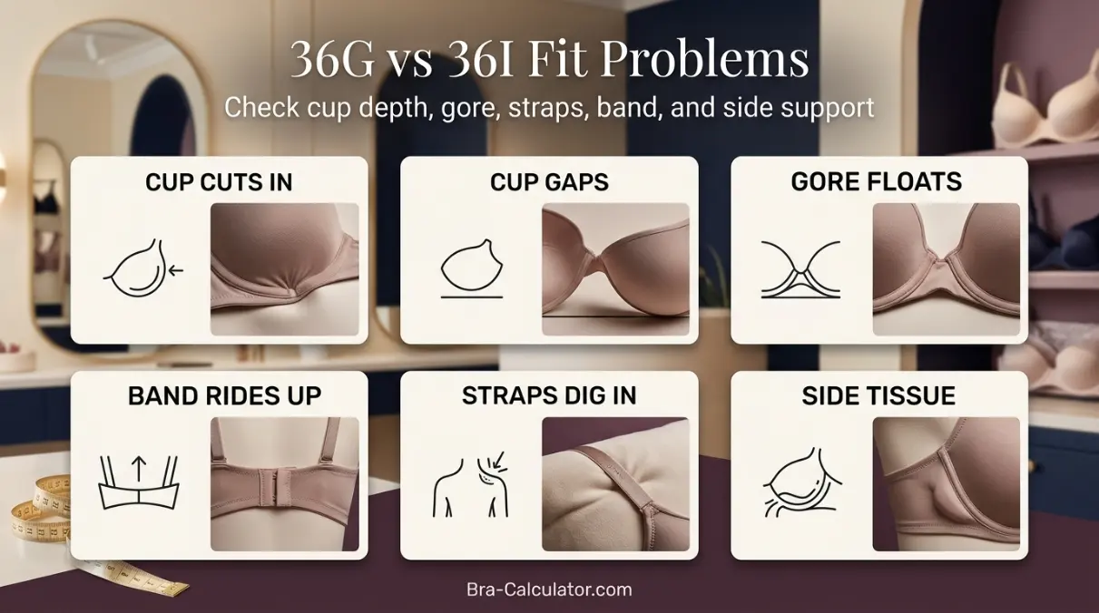 36G vs 36I fit problem diagram showing gaping spillage floating gore band riding up and side tissue issues