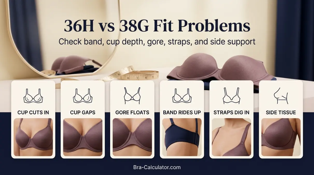 36H vs 38G fit problem diagram showing gaping spillage floating gore band riding up and side tissue issues