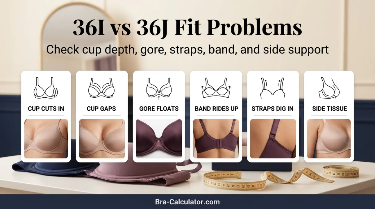 36I vs 36J fit problem diagram showing gaping spillage floating gore band riding up and side tissue issues