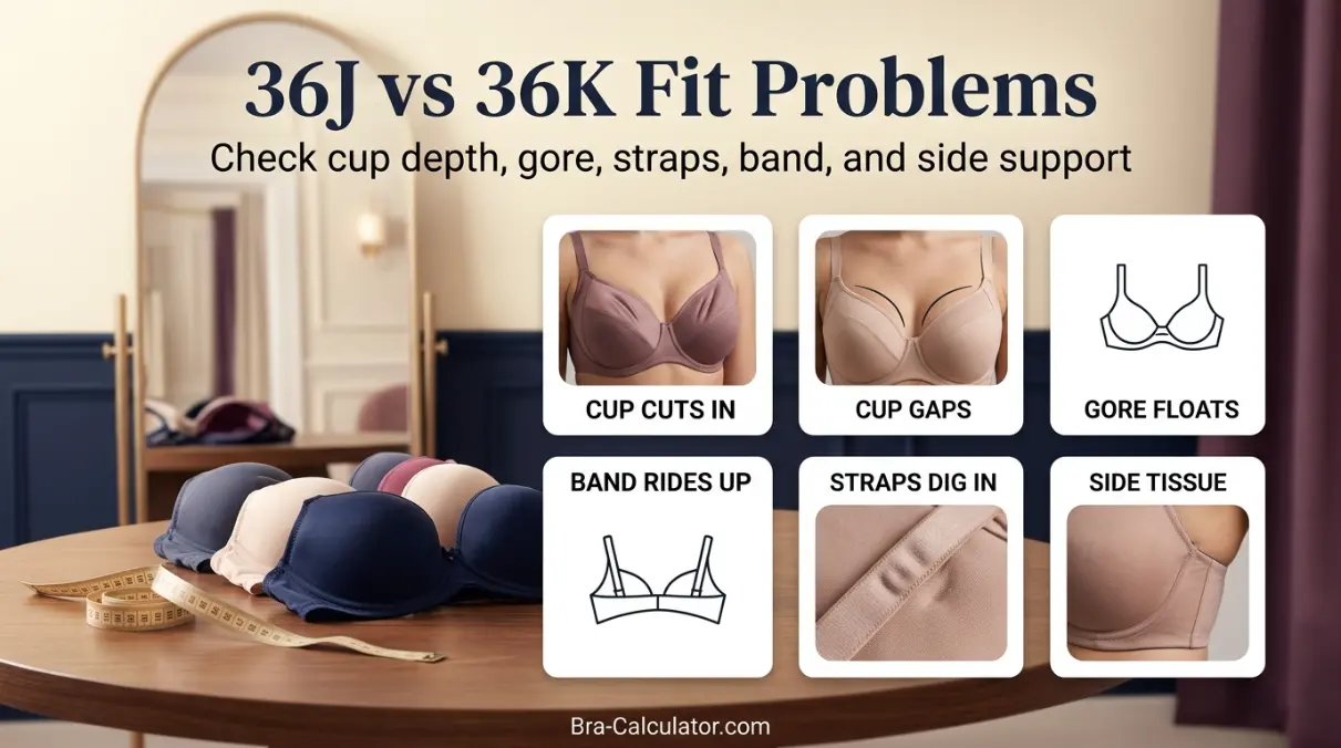 36J vs 36K fit problem diagram showing gaping spillage floating gore band riding up and side tissue issues
