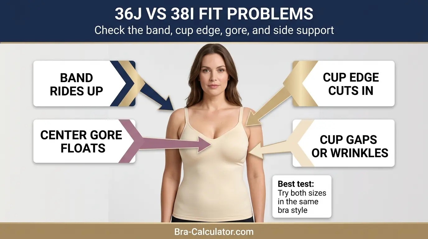 36J vs 38I fit problem diagram showing gaping spillage floating gore band riding up and side tissue issues