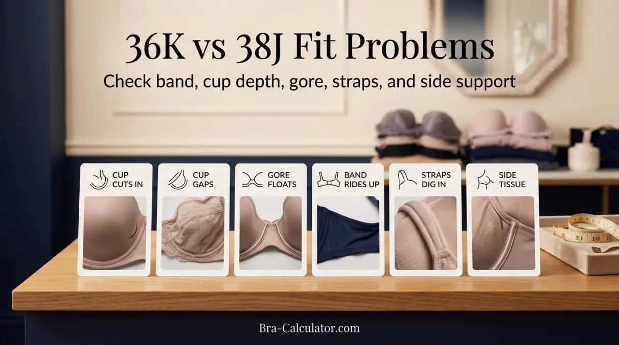 36K vs 38J fit problem diagram showing gaping spillage floating gore band riding up and side tissue issues