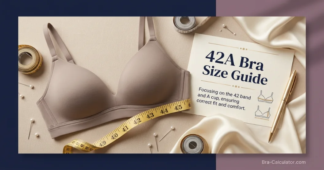 42A bra size guide hero graphic with measurement tape and navy gold branding