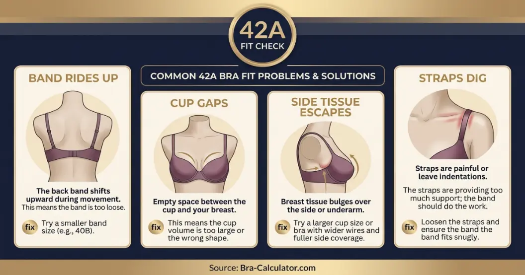 42A bra fit problems showing gaping spillage side tissue strap digging and band riding up