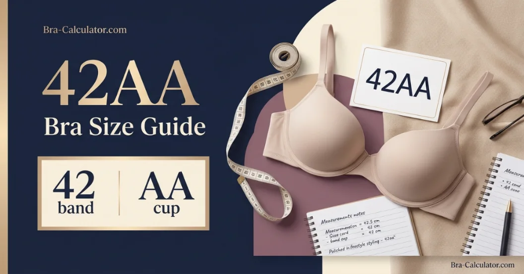 42AA bra size guide hero graphic with measurement tape and navy gold branding