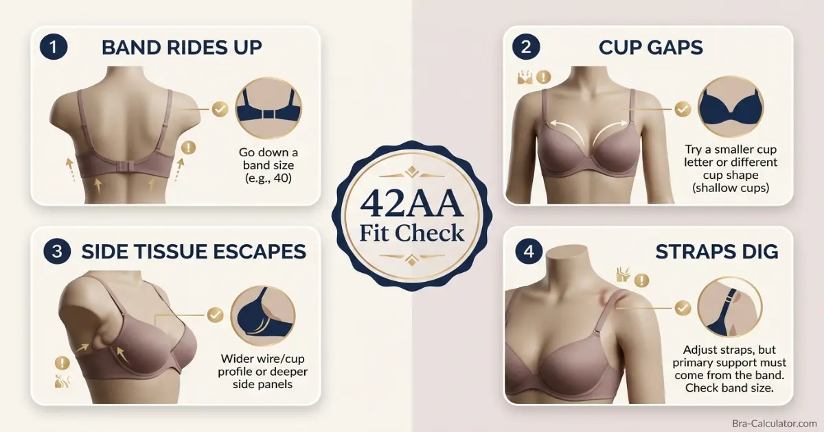 42AA bra fit problems showing gaping spillage side tissue strap digging and band riding up