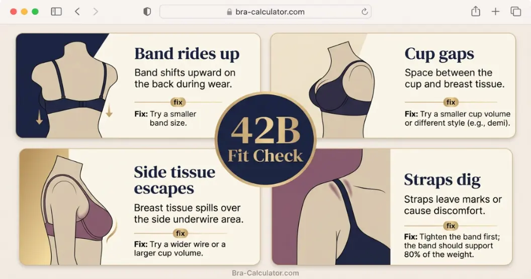 42B bra fit problems showing gaping spillage side tissue strap digging and band riding up