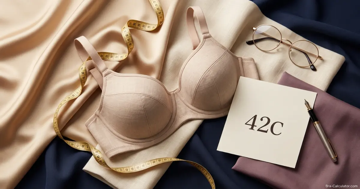 42C bra size guide hero graphic with measurement tape and navy gold branding