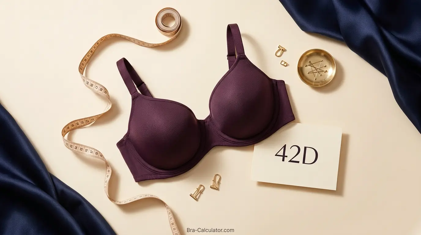 42D bra size guide hero graphic with measurement tape and navy gold branding