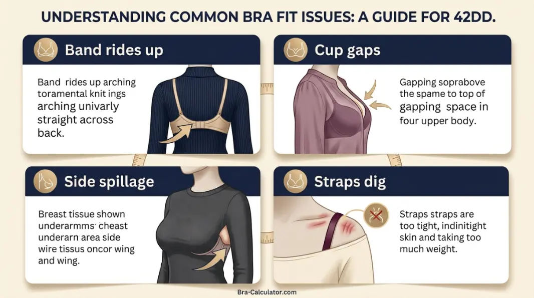 42DD bra fit problems showing gaping spillage side tissue strap digging and band riding up