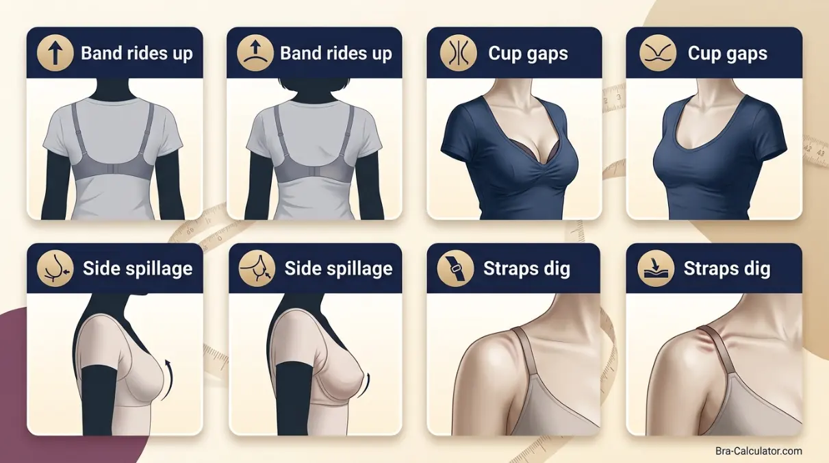 42DDD bra fit problems showing gaping spillage side tissue strap digging and band riding up