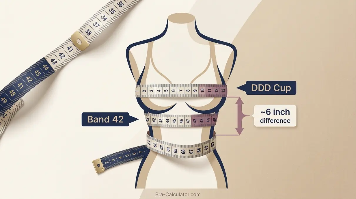 42DDD measurement logic with underbust full bust and cup difference explained