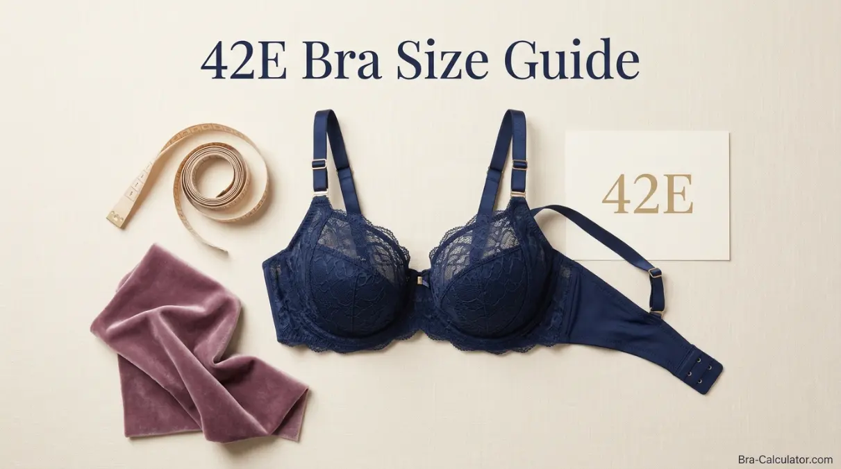 42E bra size guide hero graphic with measurement tape and navy gold branding