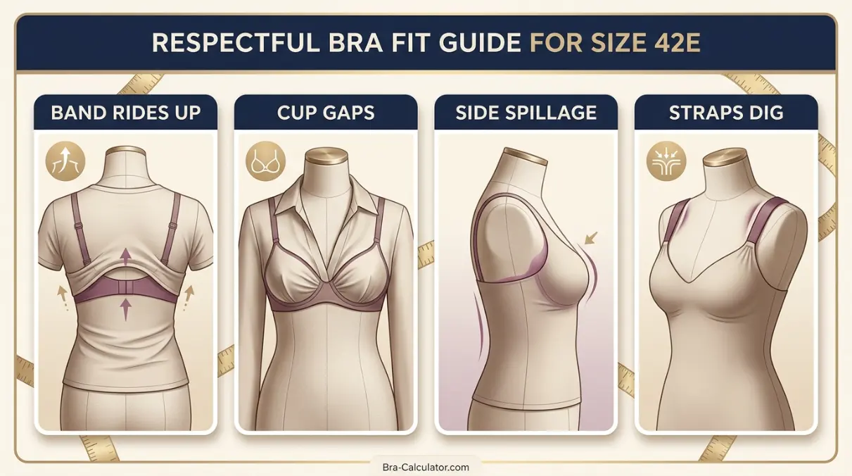 42E bra fit problems showing gaping spillage side tissue strap digging and band riding up