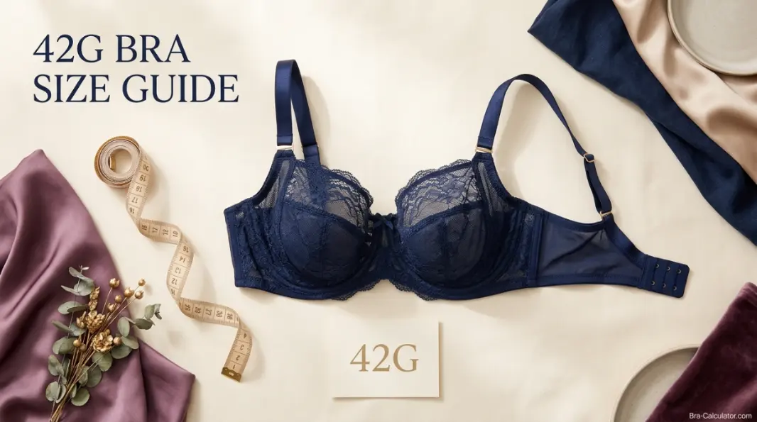42G bra size guide hero graphic with measurement tape and navy gold branding