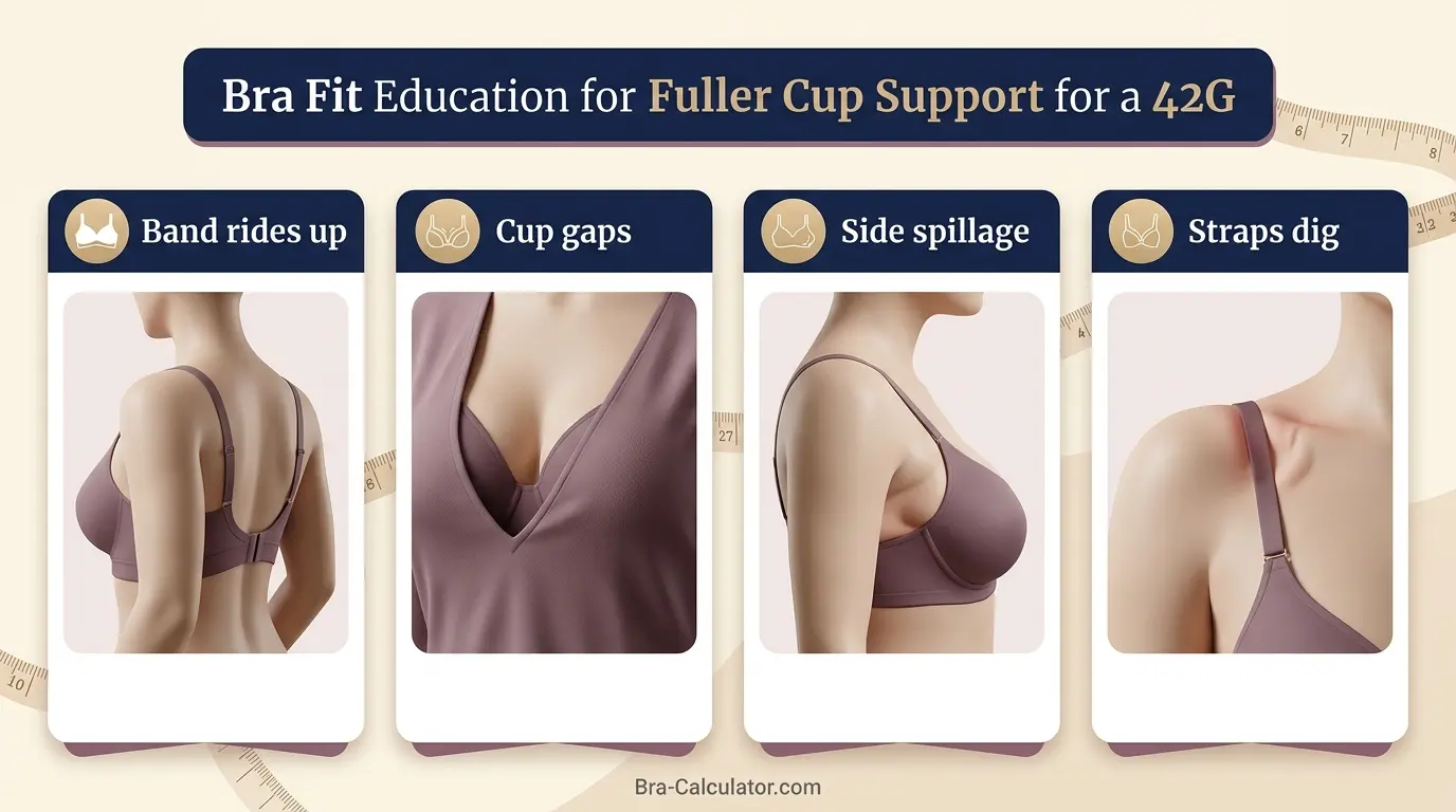 42G bra fit problems showing gaping spillage side tissue strap digging and band riding up