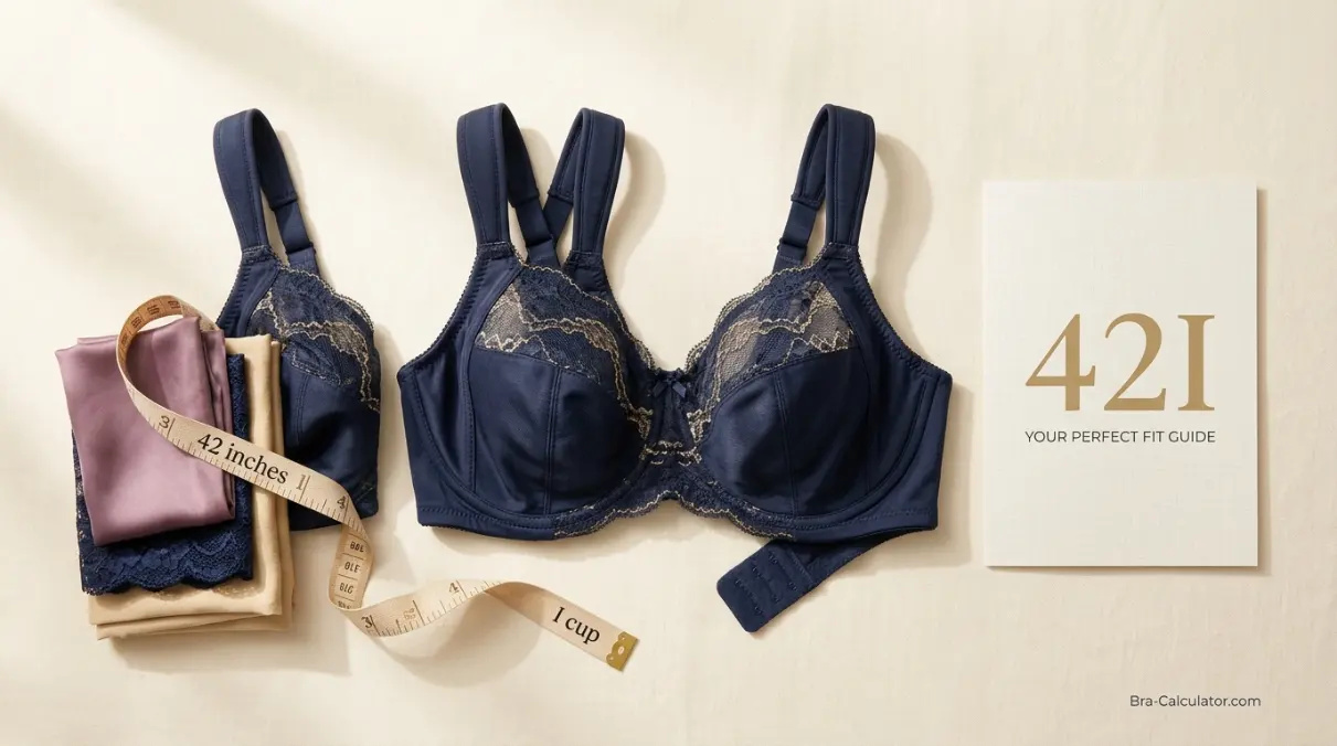42I bra size guide hero graphic with measurement tape and navy gold branding
