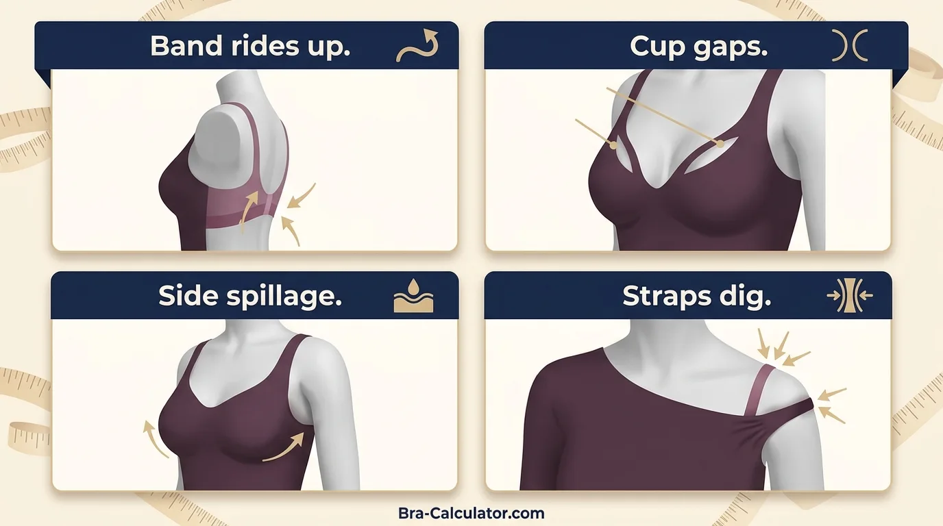 42I bra fit problems showing gaping spillage side tissue strap digging and band riding up