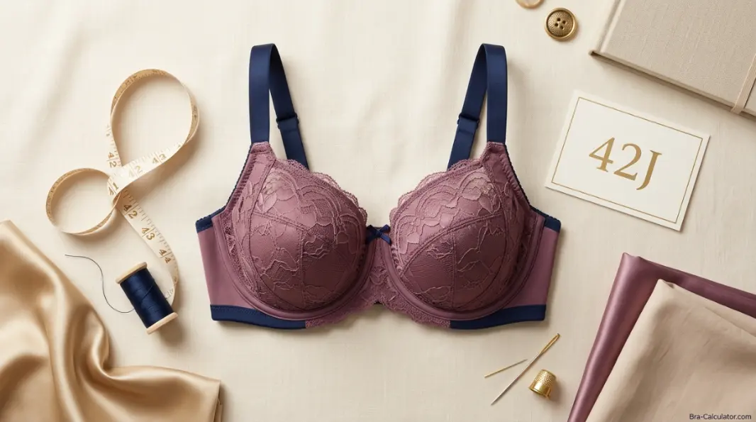 42J bra size guide hero graphic with measurement tape and navy gold branding