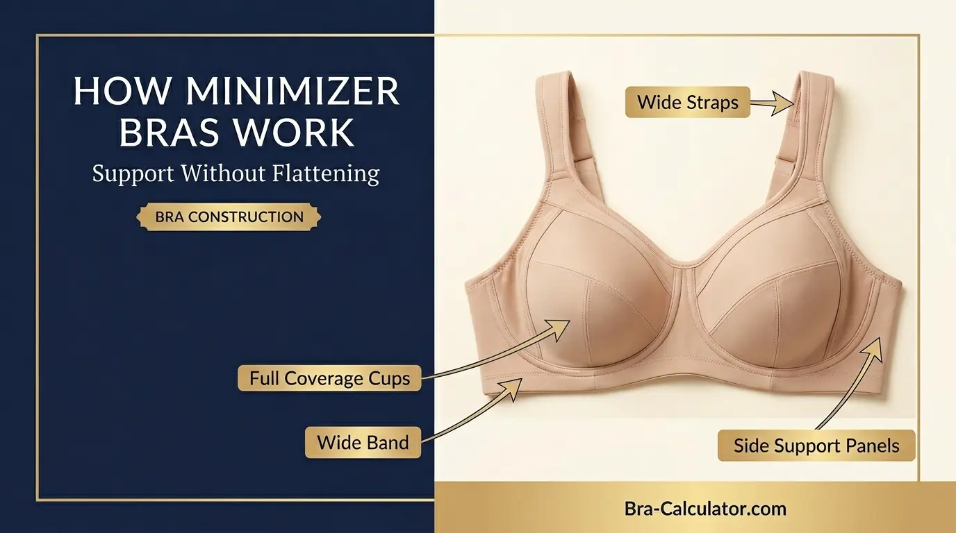 Large bust minimizer bra with full coverage cups wide band and side support panels