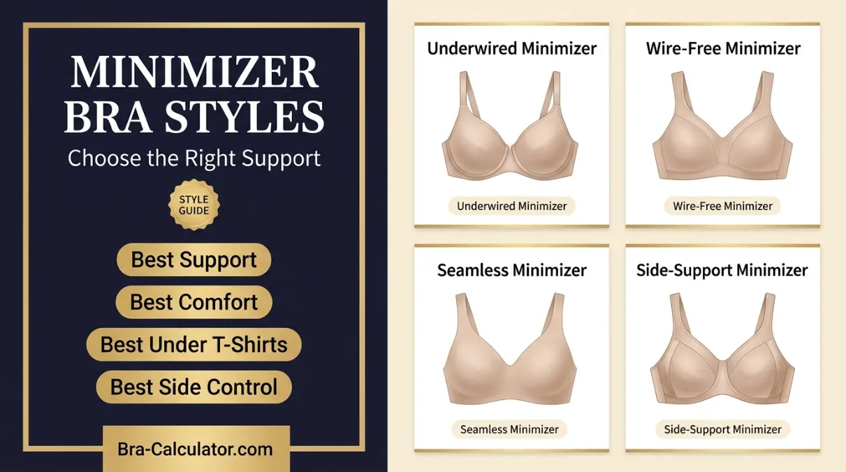 Different minimizer bra styles including underwired wire free seamless and lace styles for large busts